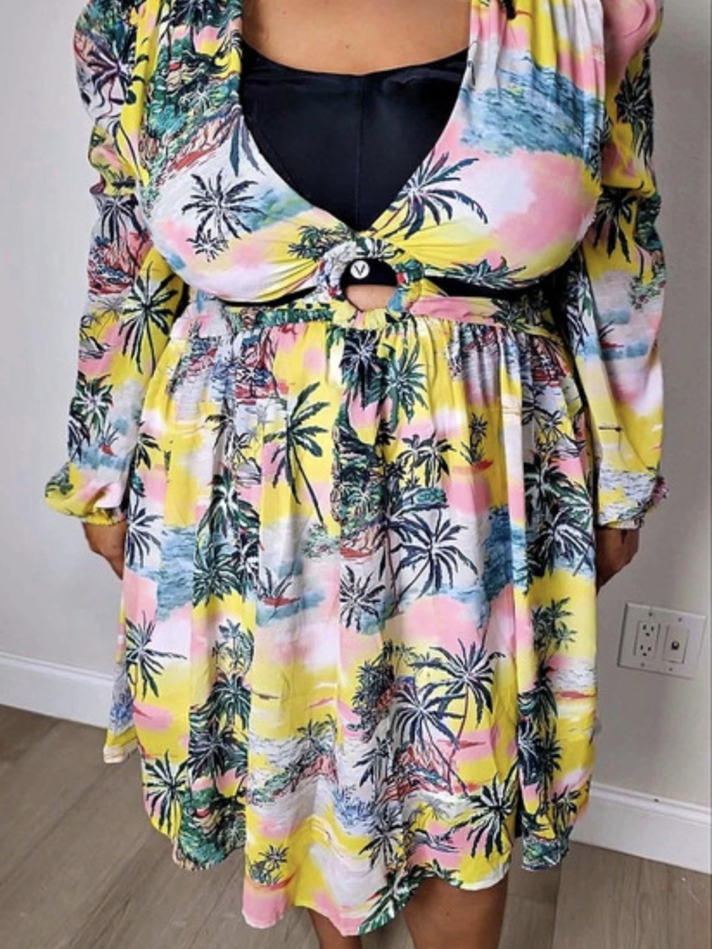 Nova Luxe Tropical Print Cutout Mini Dress Pink & Yellow
